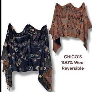 CHICO'S 100 Wool Reversible Metallic Geometric Pattern Fringe Shawl Wrap 80"